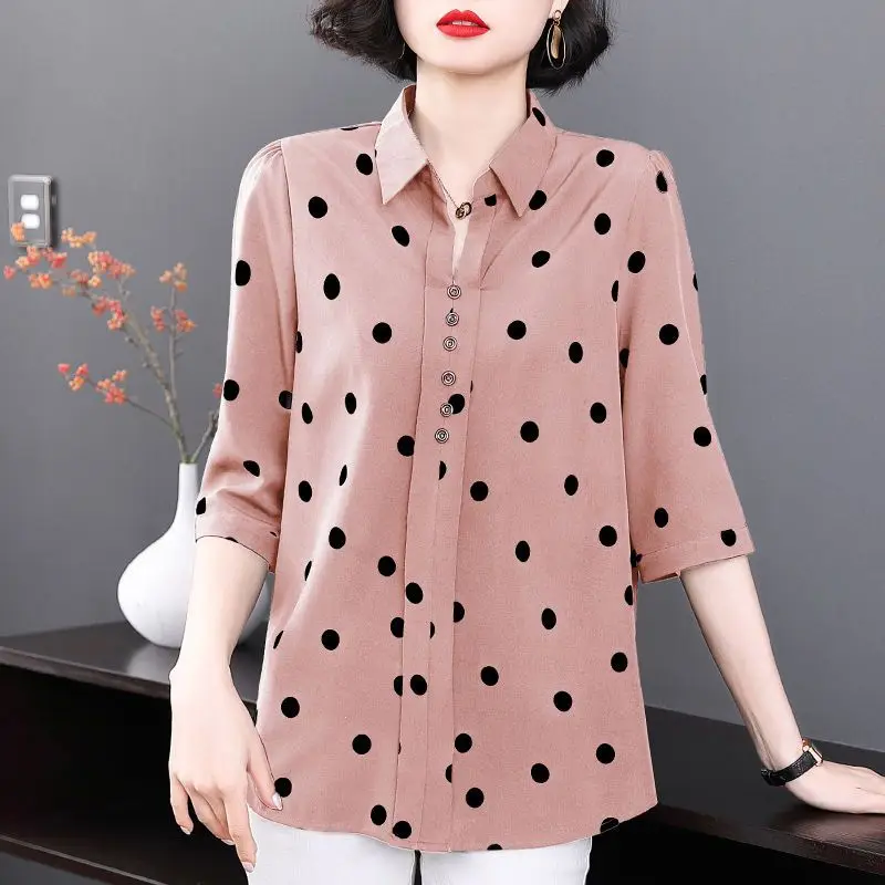 

Spring Summer Women's Clothing Button Pullover Turn-down Collar Polka Dot Printing Three Quarter Chiffon Midi Shirt Loose Tops