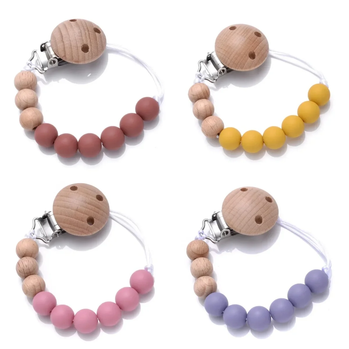 Baby Beech Pacifier Clip Round Colorful Silicone Teething Beads Food Grade Dummy Holder Soothe Chain Anti-drop Baby Nipple Chain