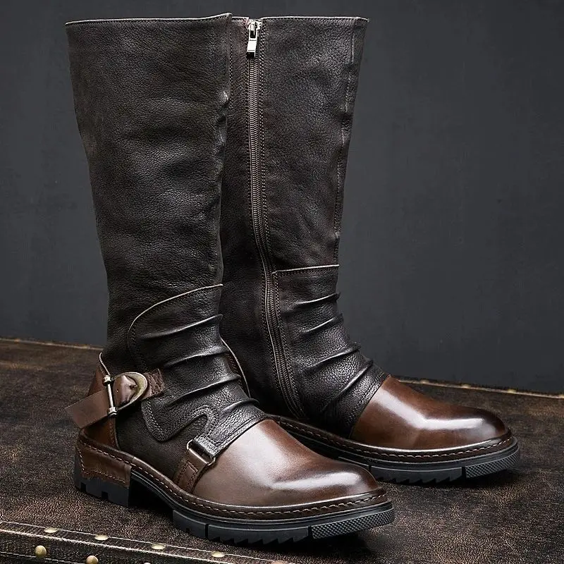 Men Medieval Retro Leather Motorcycle Boots Middle Age Knee-High Boots Victorian Renaissance Cosplay Shoes Tactical Cowboy Boots