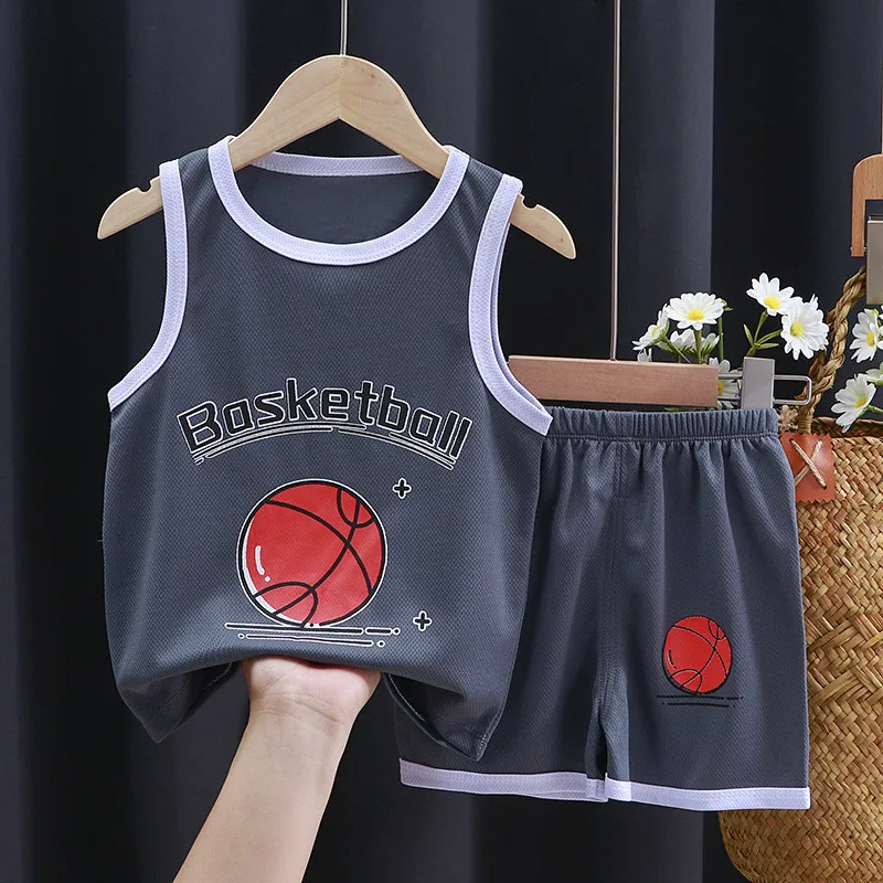 New Summer Sports Basketball Clothes Boys T-shirt Suit Kid Girls Fashion Leisure Sleeveless Baby Vest + Pants 2pcs Sets