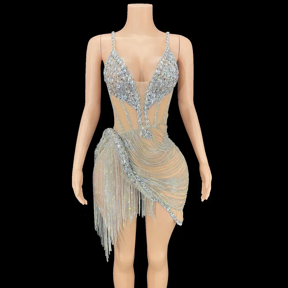 

Sparkly Rhinestones Fringes Mesh See Through Short Dress Women Celebrate Birthday Wedding Evening Dress Sexy Show Stage Wear