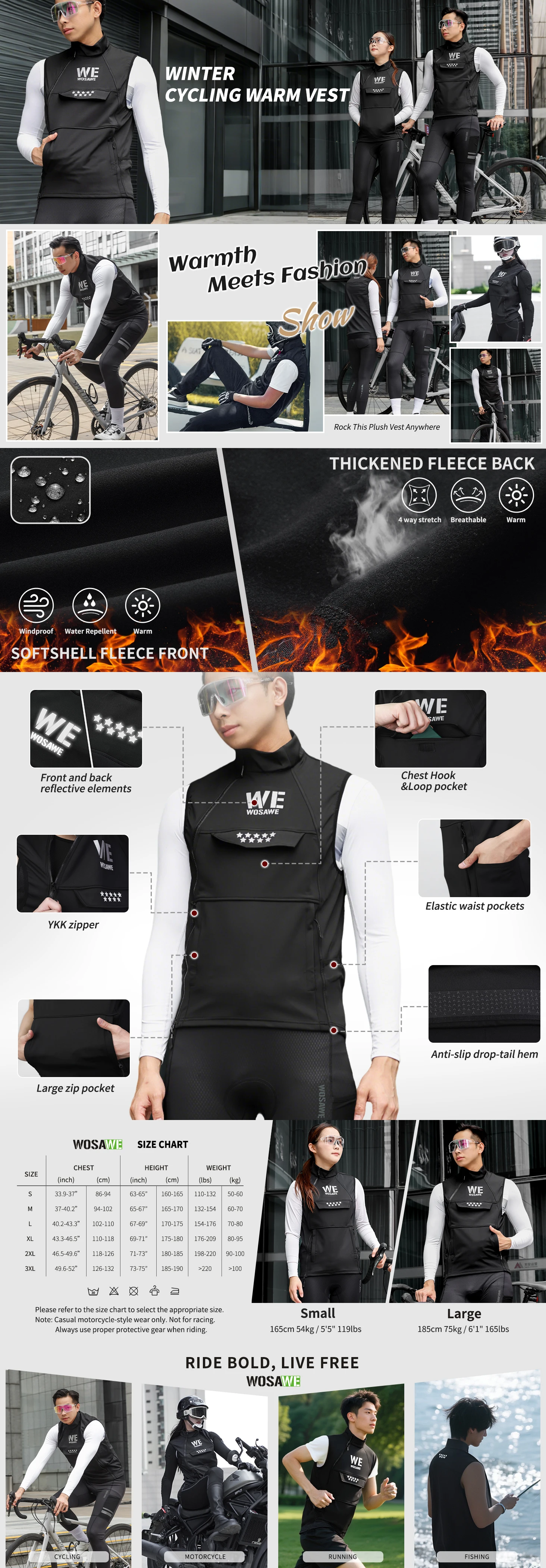 WOSAWE Thermo-Winter-Fahrradweste, winddichte Fahrradjacke, ärmellose Windjacke, Gesäßtaschen für Damen und Herren – Detail 26