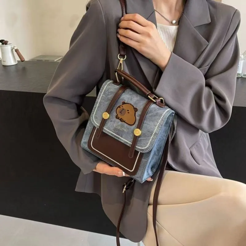 Capybara Embroidered Mini Denim Backpack Fashion Topstitch Women's Tote Bag Retro Patchwork Magnetic Backpack Casual Travel Bag