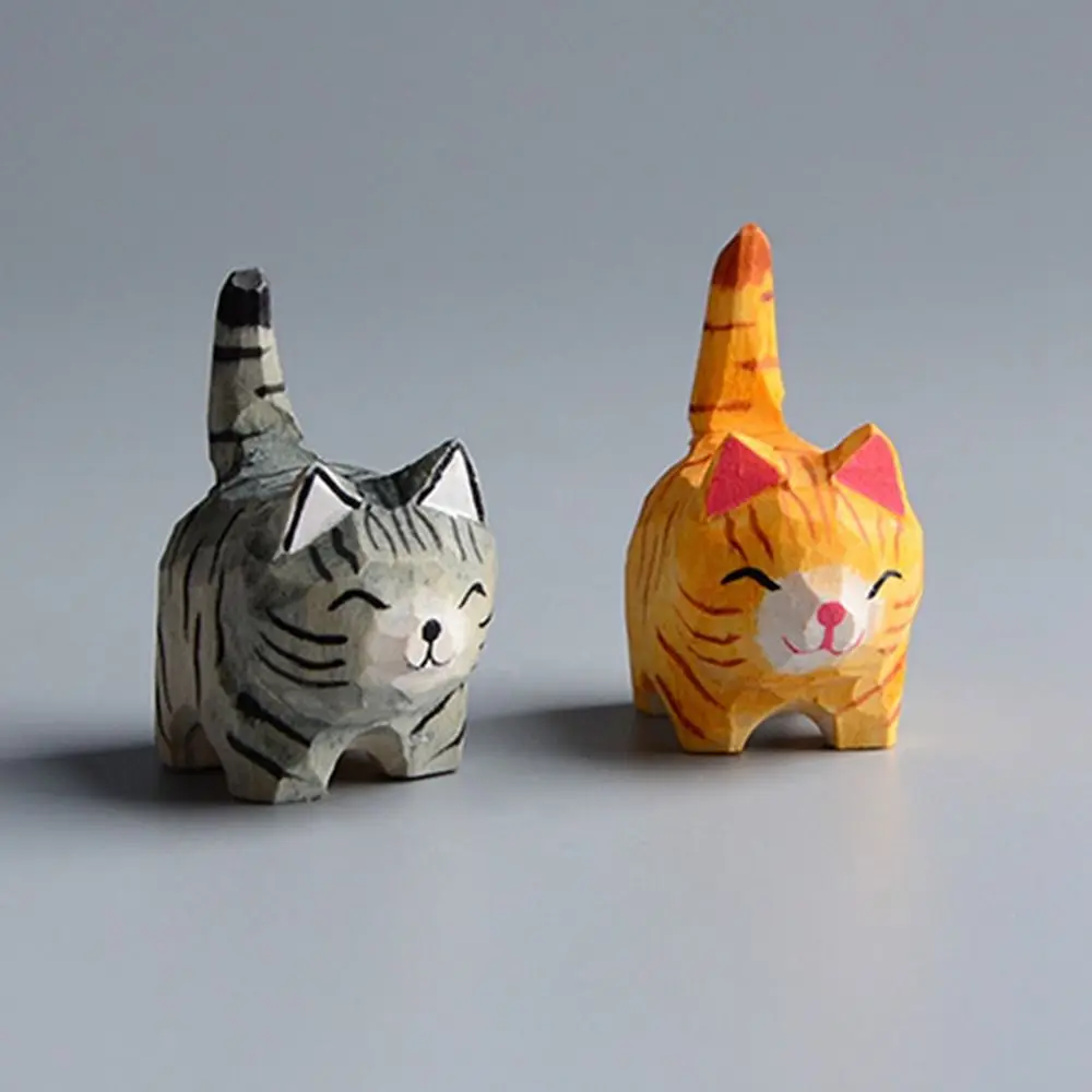 

Decoration Crafts Handmade Wood Carving Kitten Animal Gray Cat Cat Figurines Orange Cat Figurines Home Decor