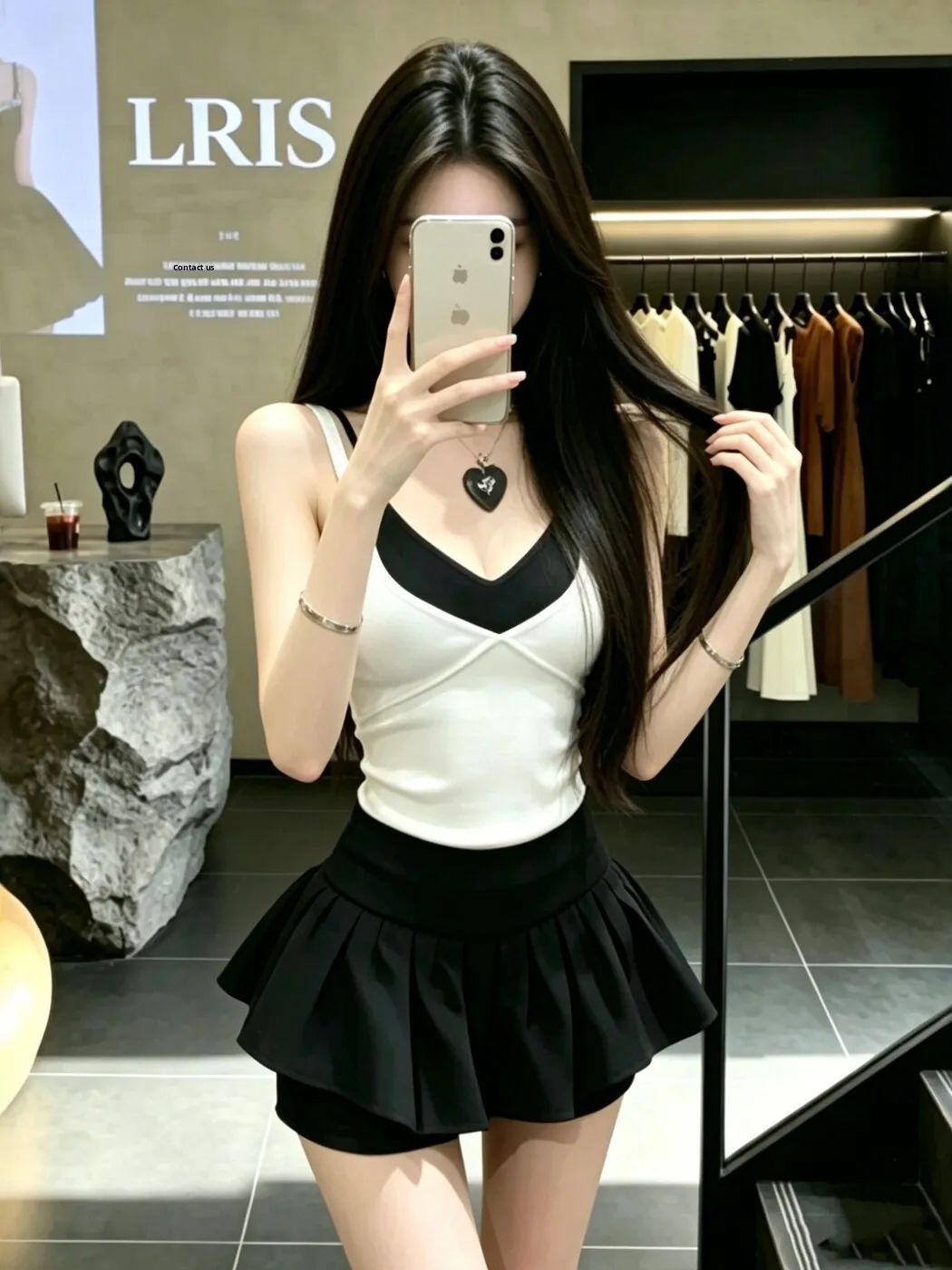 Korean Design Color Block Fake Two-Piece Strap Vest Women Summer Spicy High Waist A-Line  Skirt Set Slimming Effect