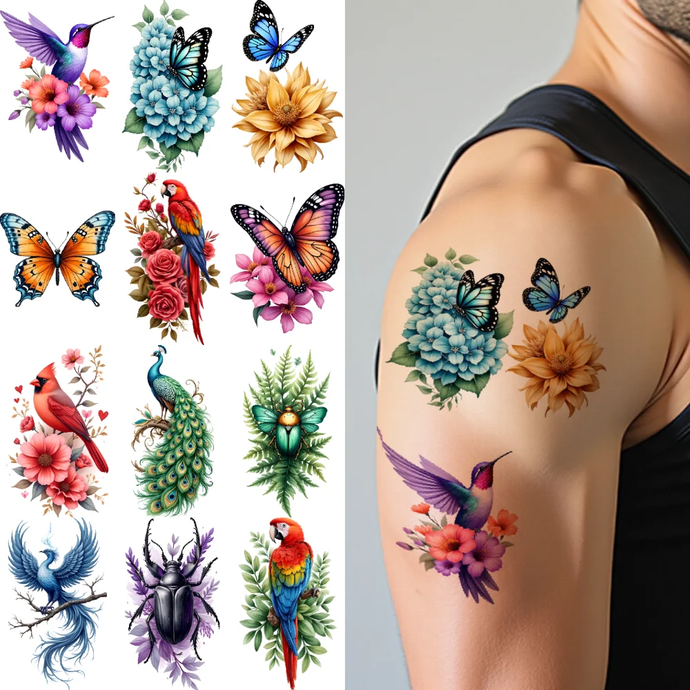 28pcs Temporary Tattoo Temporary Tattoo Stickers Sunflower With Ladybug Floral With Green Leaves Phoenix With Flowers For