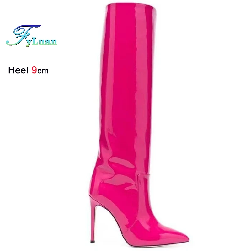 

Autumn Winter Rose Red Women's Knee High Boots Pointed Toe Patent Leather Ladies Long Boots Thin High Heels Slip-On Party Shoes