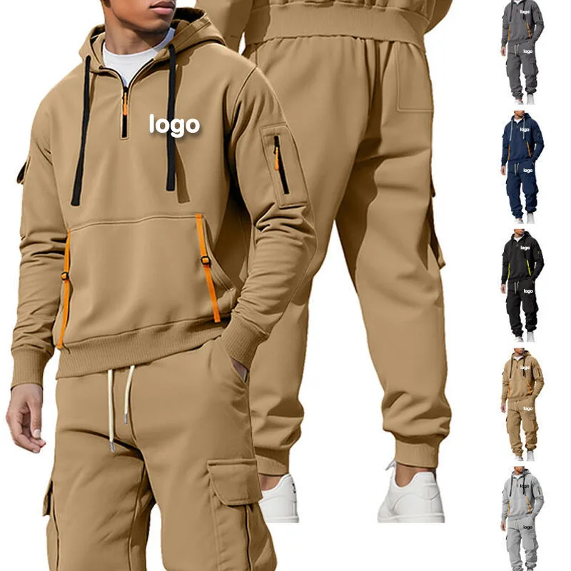 

DIY customizes your logo new men's multi pocket zipper hooded sweatshirt+sports pants two-piece jogging casual fitness suit set