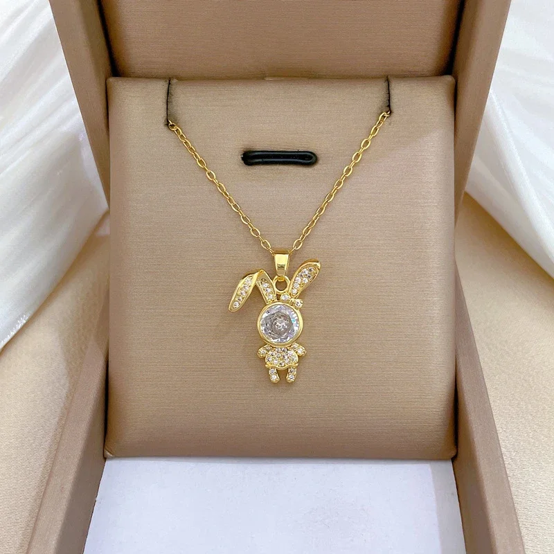 Gold Color Cute Bowknot Zircon Bunny Rabbit Pendant Necklaces for Women Girls Stainless Steel Chain Jewelry Accessories Gifts