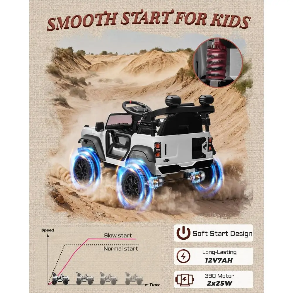 Ford Bronco Raptor 12V Elektryczny Samochodzik dla Dzieci, Bezpieczny Ciężarówka dla Dzieci z Pilotem, Białe Elektryczne Autko dla Dzieci