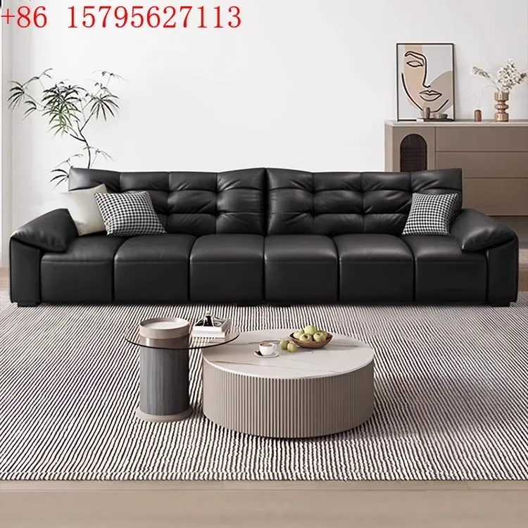 

Italian minimalist leather retro style light luxury sofa modern simple small apartment straight row black sofa