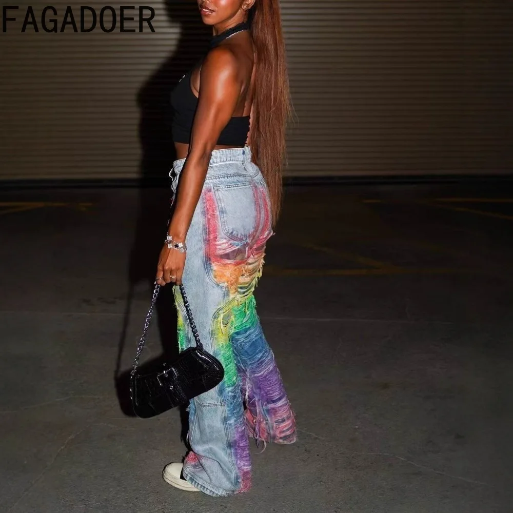 FAGADOER Vintage Fashion Gradient Denim Pants Women Blue Zipper Tassels Patchwork Jeans Female Streetwear Bottoms 2025 New