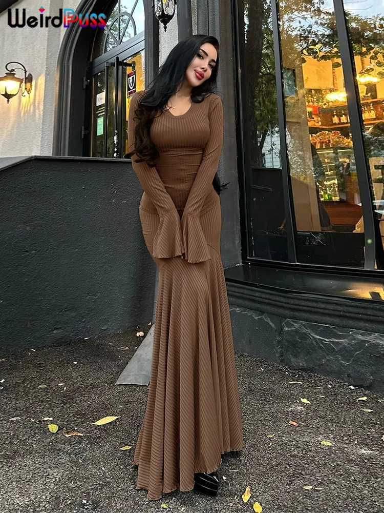 Vestido elegante acanalado con diseño de gato extraño para mujer, cuello redondo, manga acampanada lisa, dobladillo con volantes y cordones, tendencia urbana, ceñido largo clásico elástico