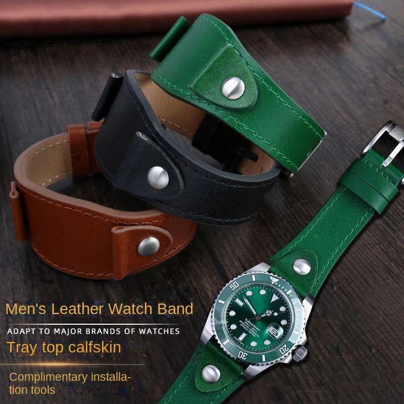 Genuine Calfskin Leather Watchband British Style 20mm 22mm Strap Vintage Watch Band with Base Tray Strap bracer Wrist strap