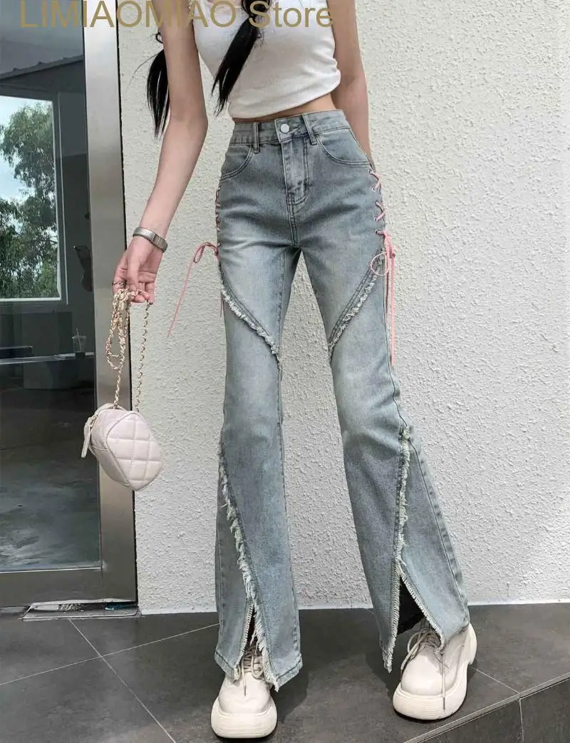 

New Split Jeans Women Pink Bandage High Waist Irregular Spliced Denim Pants Zipper Fly Trousers Pantalon Femme