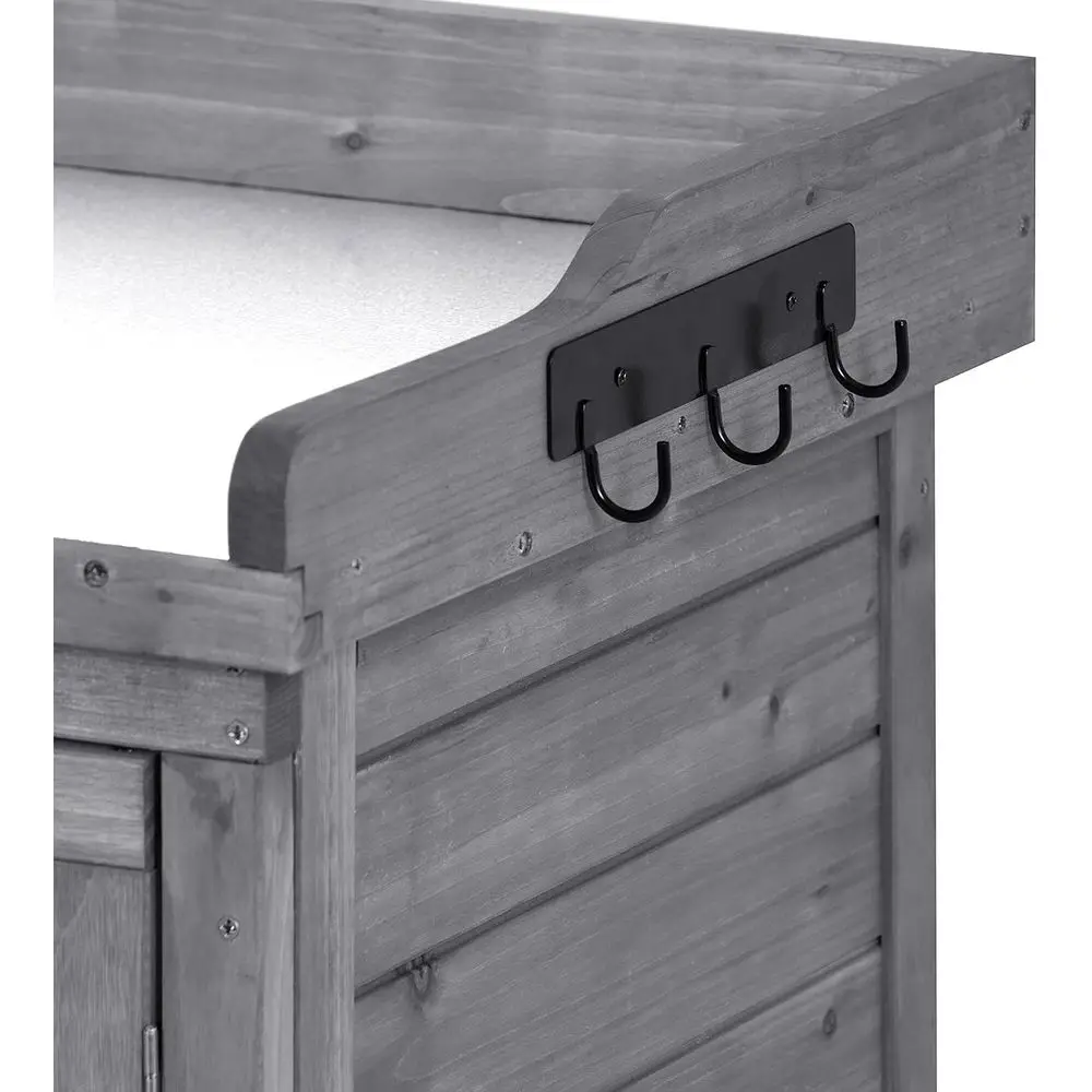 Tuinpotbank van dennenhout met gegalvaniseerd werkoppervlak, opbergruimte, planken, haken voor gebruik buitenshuis (grijs)