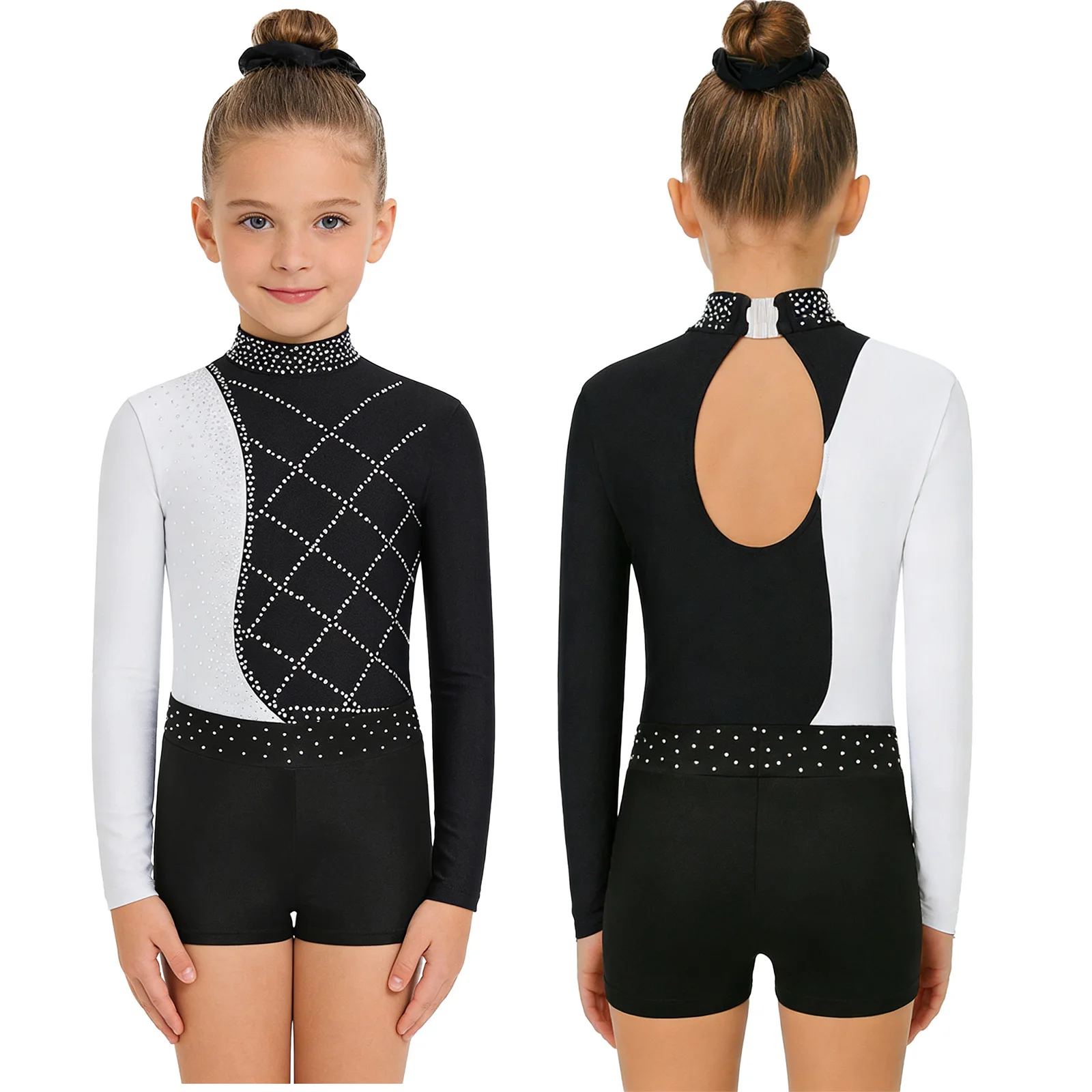 

Kids Girls Gymnastics Dance Outfit Long Sleeve Shiny Rhinestones Ballet Leotard with Shorts Hairband for Figure Skating Training