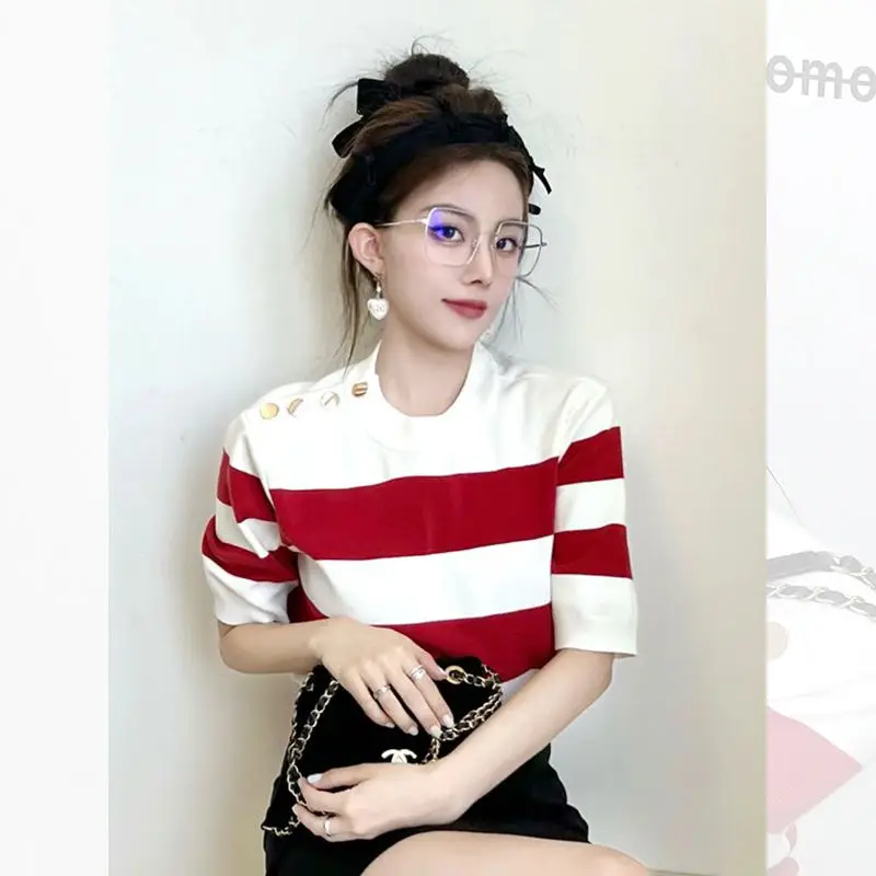 Unique Chic Red and White Striped Knit Ice Silk Short Sleeve T-Shirt Women\'s Fashion Clothing 2024 Summer Aesthetic Korean Style