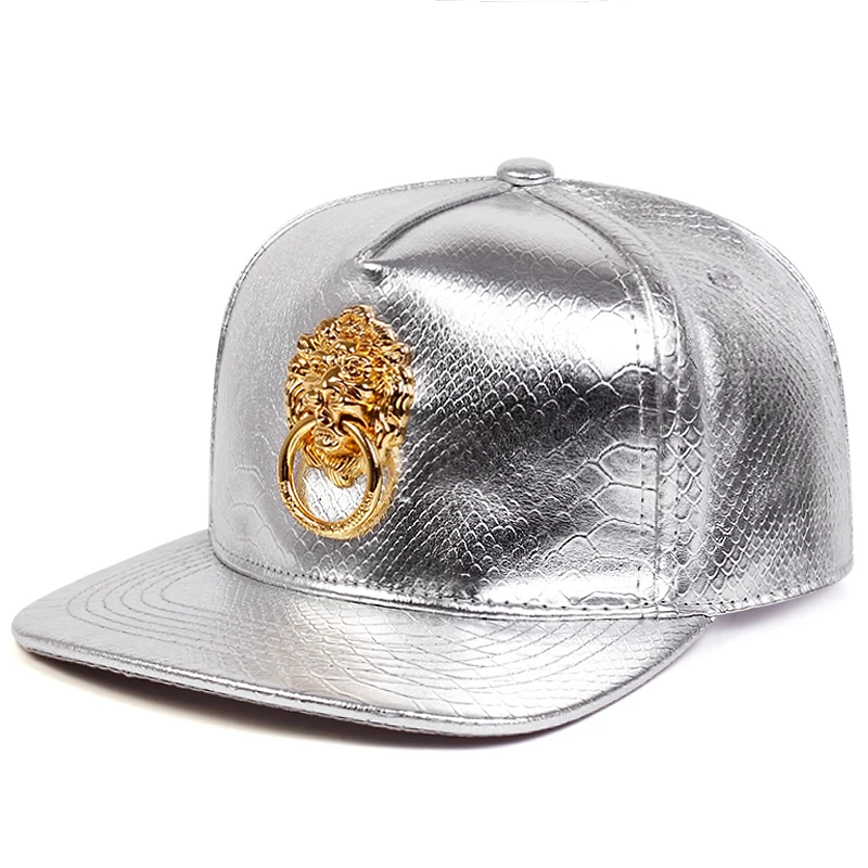 Fashion Snapback Men Flat Baseball Cap Golden Lion Loop Multi Color Figure PU Leather Hip Hop Cap Punk Casual Street Trend Caps