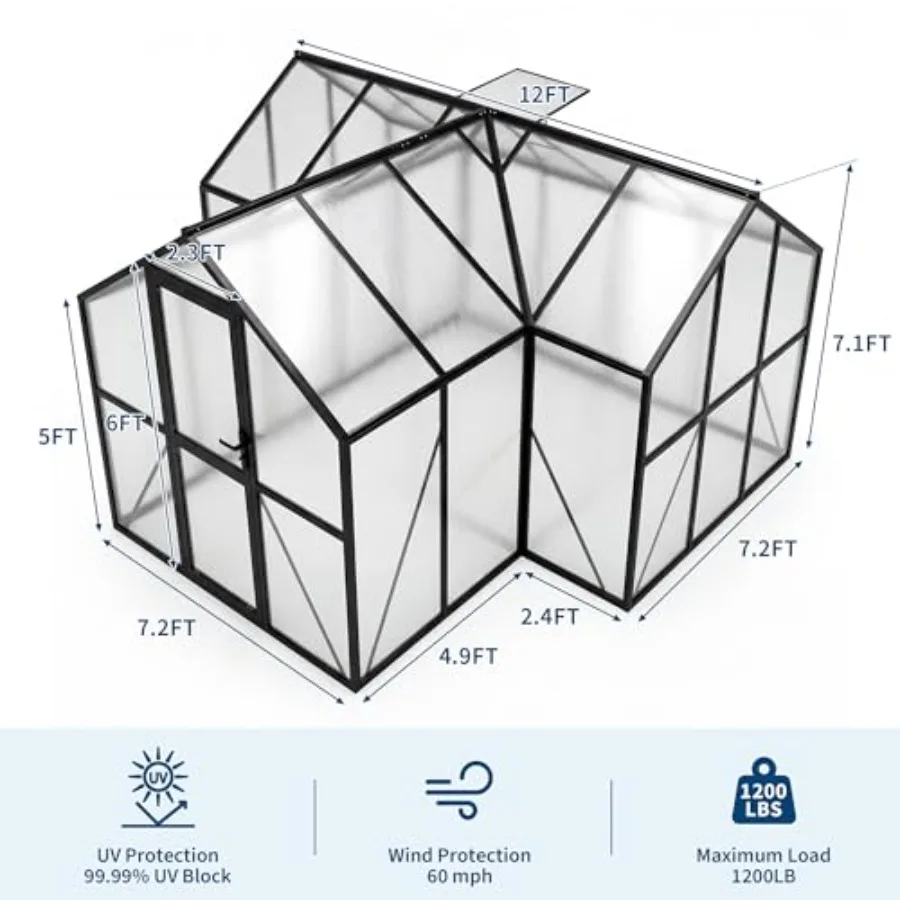 12x12 FT T-Shape Greenhouses, Greenhouse for Outdoors with Polycarbonate Panel, Adjustable Vent, Heavy Duty Green House with Al