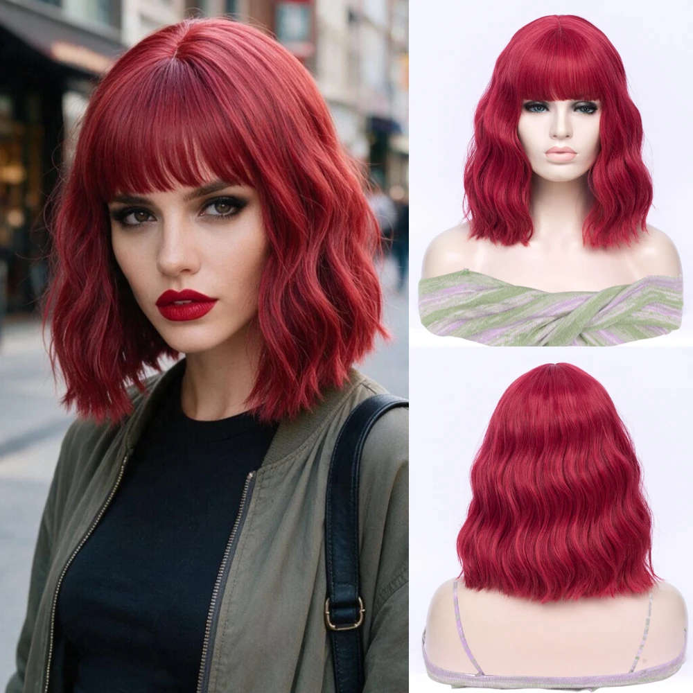 MSIWIGS Kurze Bob-Perücke mit Pony, synthetische gewellte Perücken mit Pony für Frauen, natürlich aussehend, für den täglichen Cosplay-Gebrauch