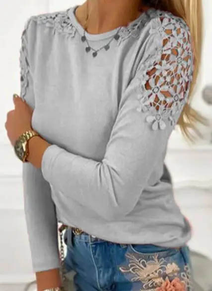 Solid color slim fit round neck long sleeved lace hollow patch top for women's slim fit long sleeved top