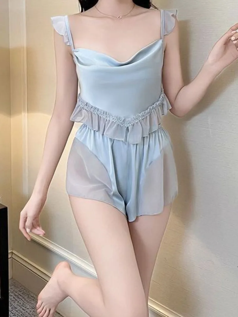 

Новый стиль Pure Desire, ночная рубашка с ветровым ремешком, комплект из двух предметов, кружевная прозрачная сексуальная женская одежда для девочек, комплект с шортами, модный женский комплект 6HC0