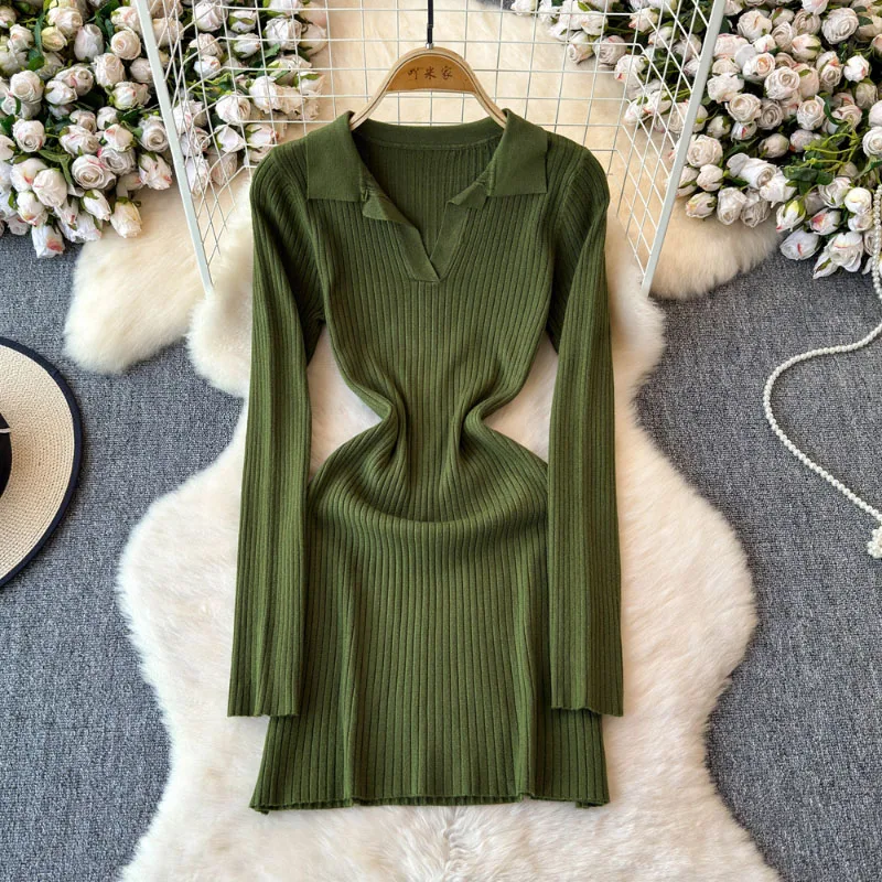 

Autumn Winter Knitting Dress Korean Style V-Neck Long Sleeve Elegant Temperament Knitted Dresses Office Lady Wear for 18-24Y