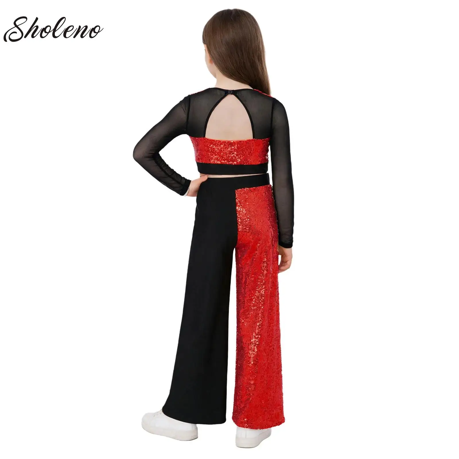 

Kids Girls Sequins Classical Dance Sets Ruffle Sleeve Crop Top with Wide-Leg Pants for Lyrical Ballet Latin Competition Costume