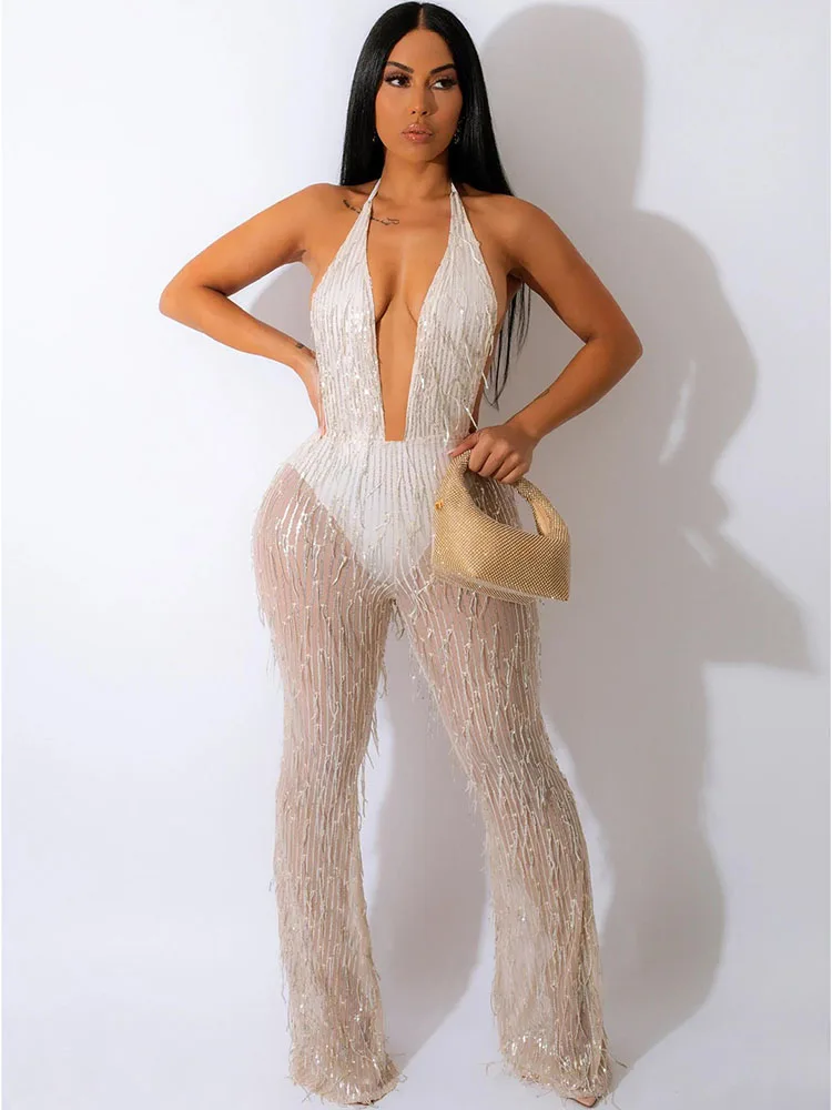 เซ็กซี่ Sparkly พู่เลื่อม Rompers Womens Jumpsuit Overalls สำหรับผู้หญิง Night Club Party Halter Backless V คอกว้างขา Romper