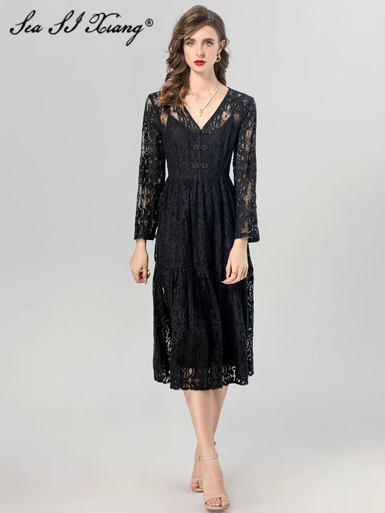 

Seasixiang Fashion Designer Summer Lace Dress Women's V-Neck Long Sleeves Beading Dial Buckle Hollow Out Vintage Dresses