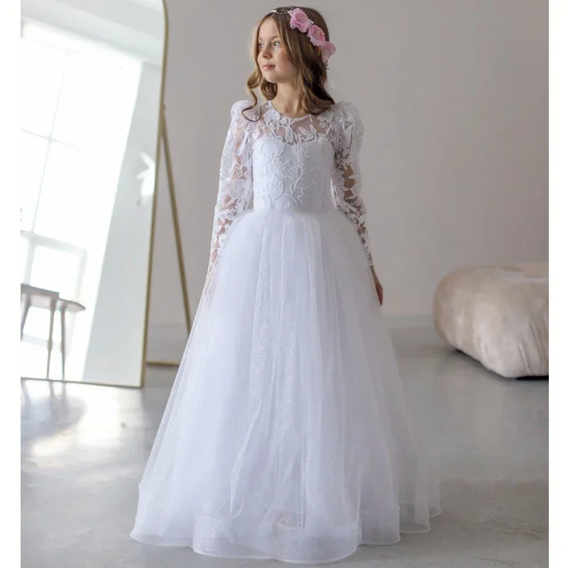 

Princess Dress Flower Girl Dresses White Tulle Flowers Embroidery Long Sleeve For Wedding Birthday Party First Communion Gowns