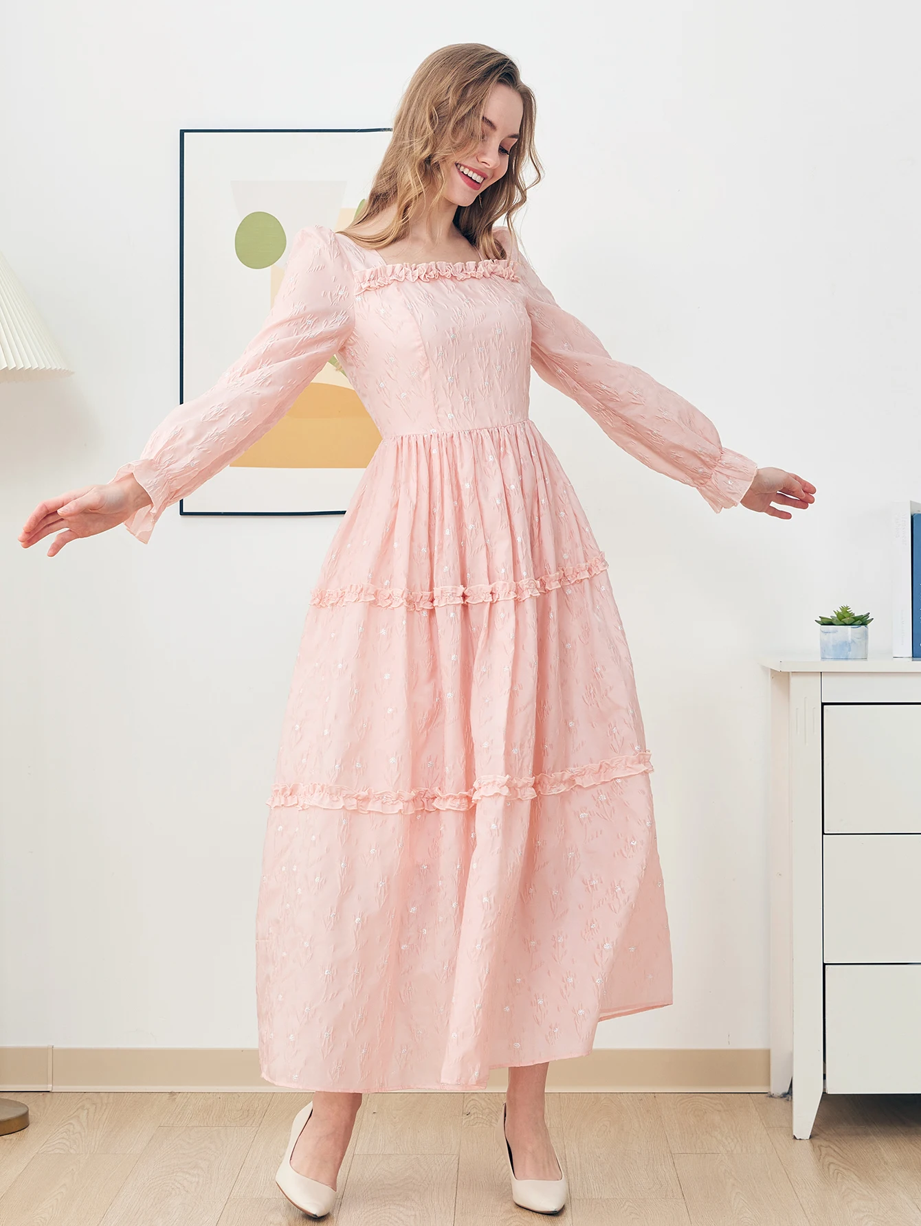 DEVCHATA Abito lungo lungo da donna elegante jacquard moda Abito lungo da donna con volant floreale rosa Orlo casual da vacanza Abito da sera da donna