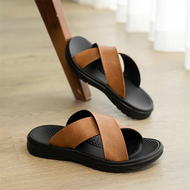 

Mens Leather Slippers Comfortable Breathable Summer Big Size Sandals for Men with Soft Sole 2026 New