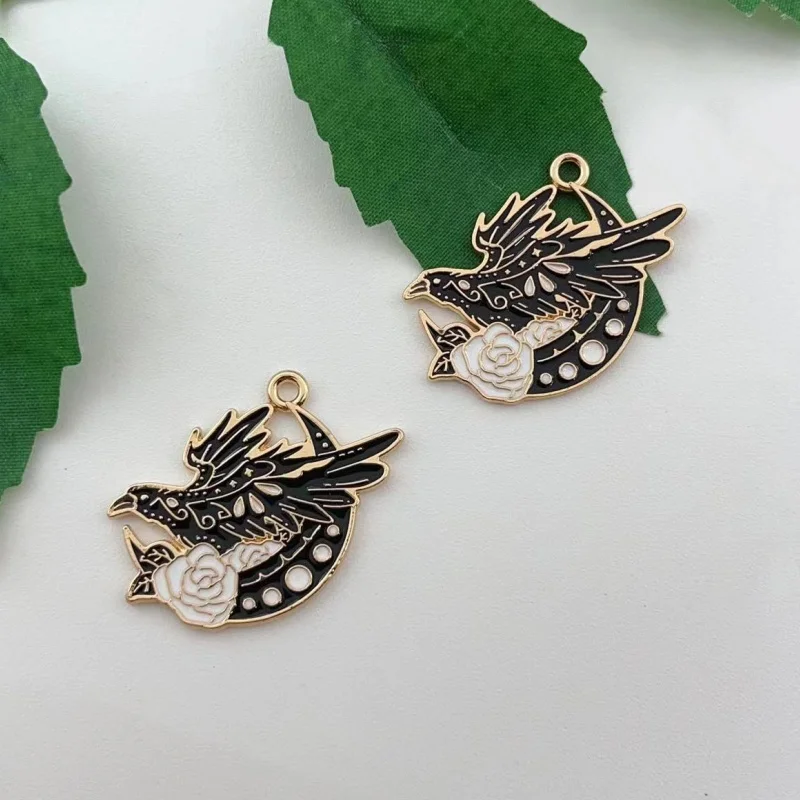 10pcs Crow Bird Charm for Jewelry Making Enamel Earring Pendant Necklace Bracelet Accessories Diy Craft Supplies Alloy Metal