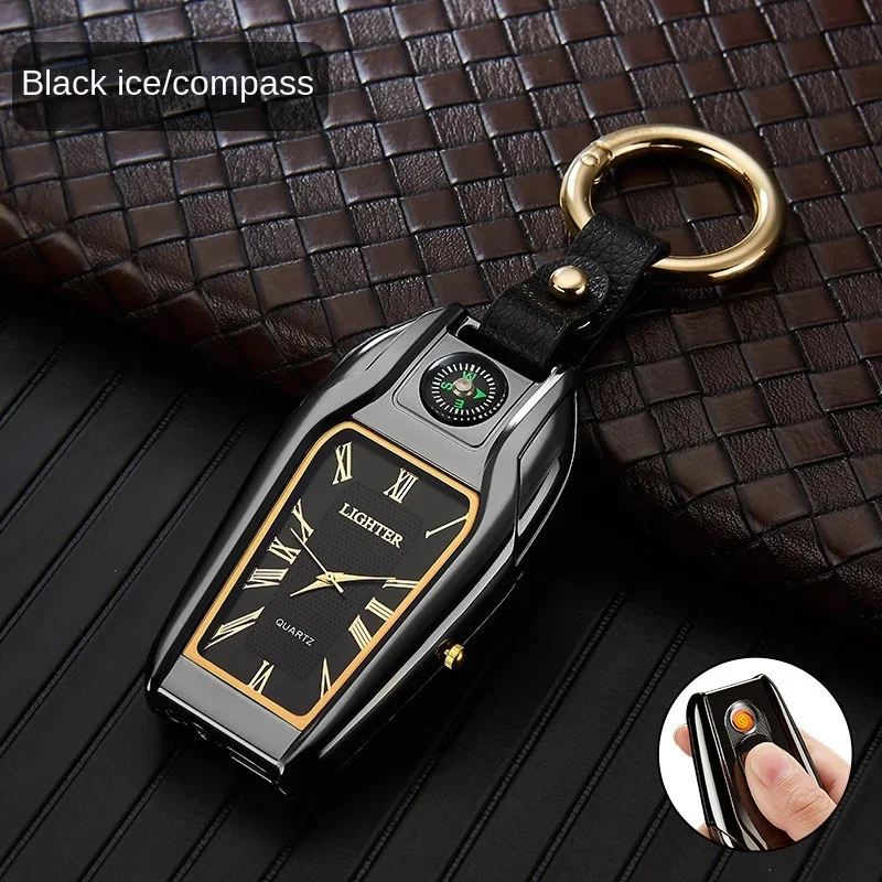 2024 Compass Keychain Watch Arc Lighter Multifunctional Personalized USB Charging Cigarette Lighter Men\'s Birthday Gift