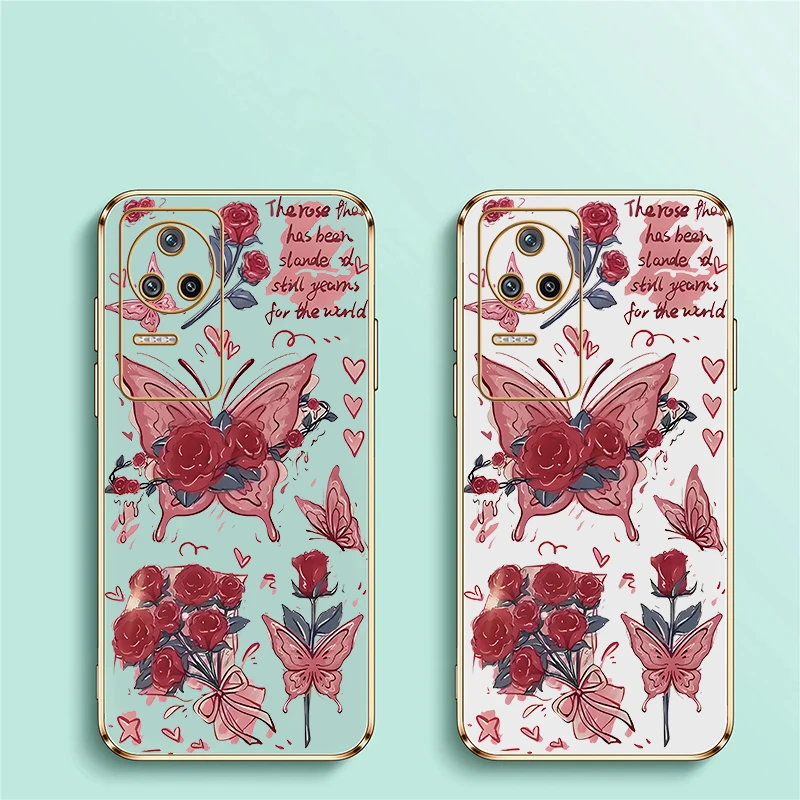 Poco F6 Painting Red Rose Flower Case For Xiaomi Poco F1 F3 GT F4 F5 F6 Pro Soft Red Butterfly Luxury New Plating Phone Cover