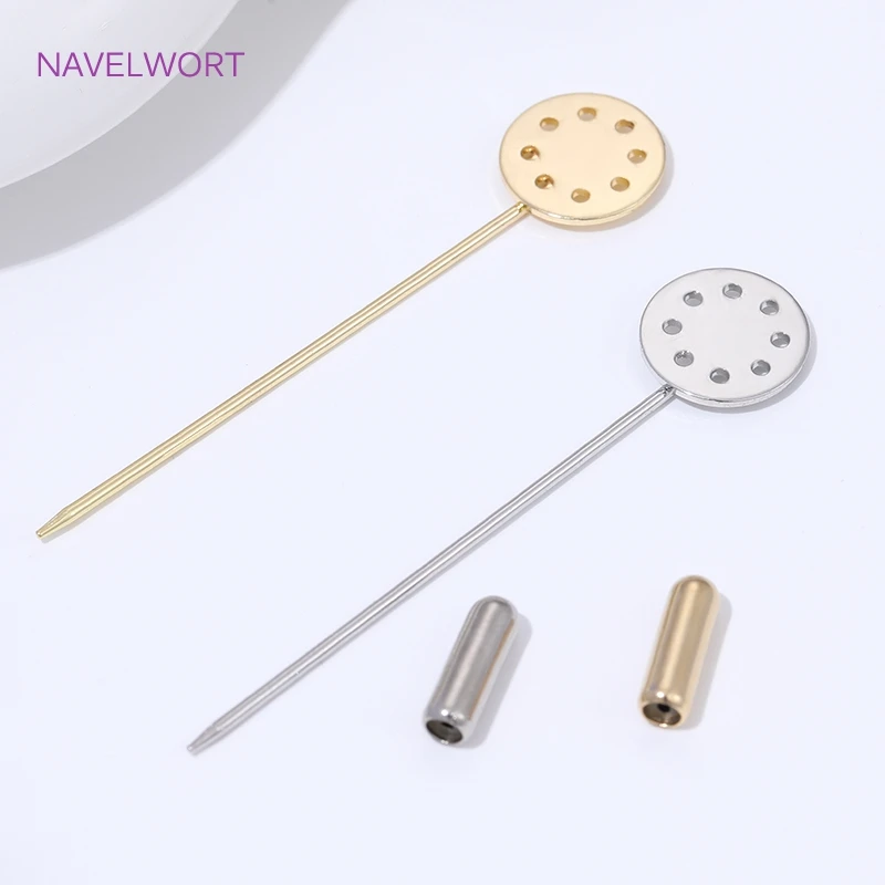 14K مطلية بالذهب بروش طويل دبابيس الأمان 12 مللي متر قاعدة فارغة الصواني ، DIY بها بنفسك دبابيس مستلزمات صناعة المجوهرات ، اكسسوارات للنساء