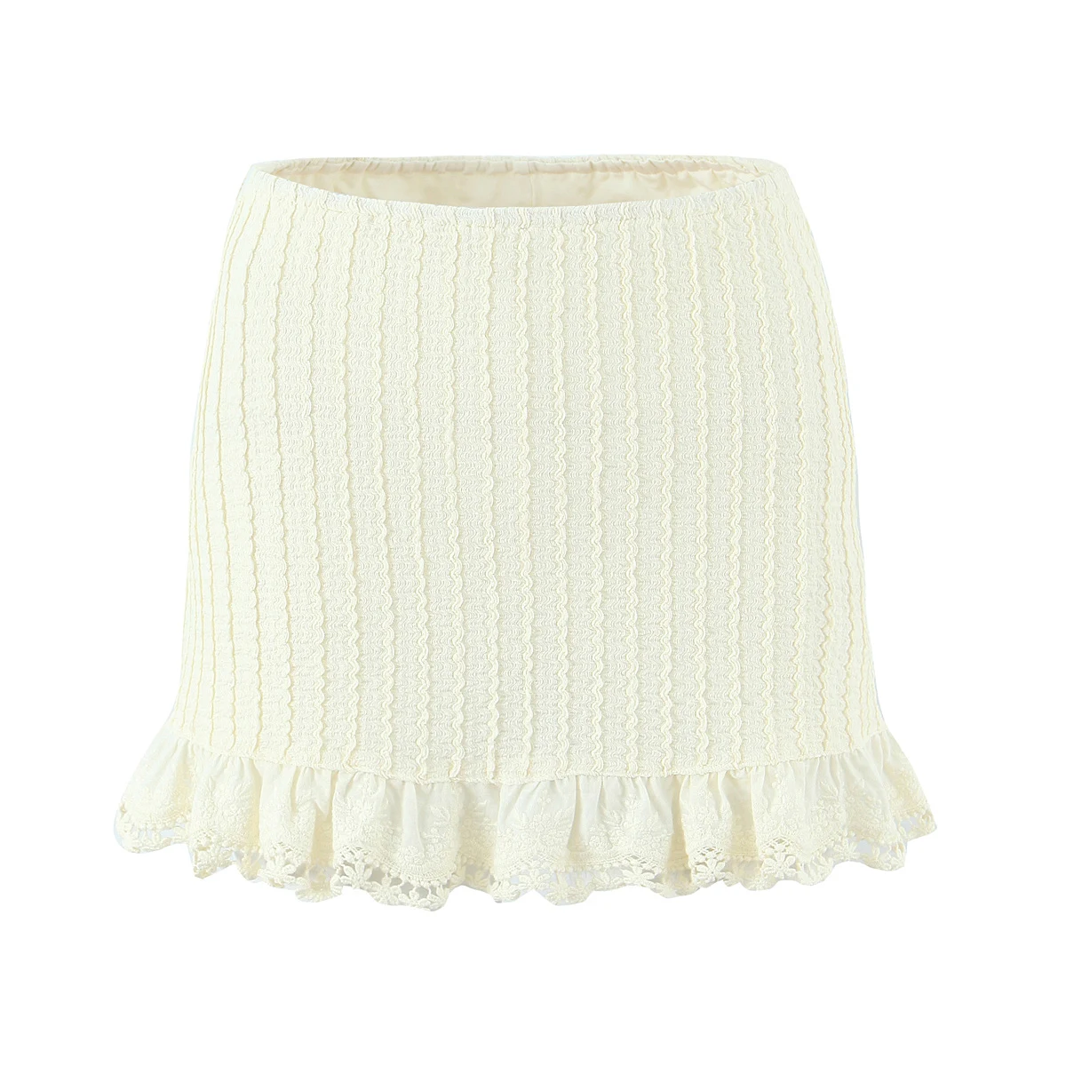 CHIC Summer Apricot Wave Line Stripes Lace Ruffles Package Hips Skirt Sexy Elastic Waist Short Skater Skirts With Shorts Lining