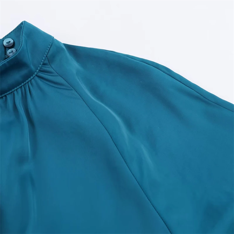 Damen-Maxikleid mit Stehkragen und langen Ärmeln, blaugrünes, plissiertes, elegantes Abendkleid aus Satin mit Bündchen