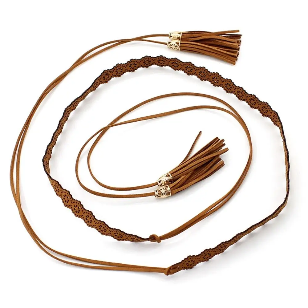 Women\'s Braided Leather Tassel Spaghetti Belt Vintage Waist Chain Ethnic Style Girl Decoration Waist Rope Dress Belt Accessories