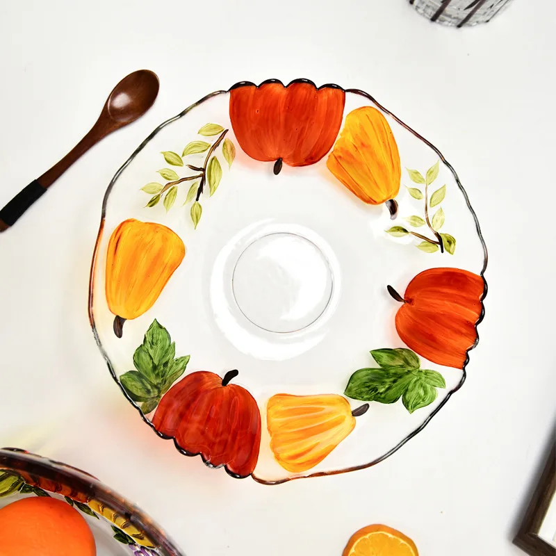 Pumpkin Glass Fruit Tray with Pastoral Style Painted and Thickened Fruit Bucket Living Room Decoration Storage Plate Bowl Set