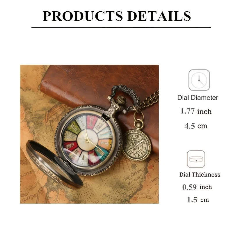 1pc Antique Pocket Watch Necklace Gift Men Women Colorful Roman Numeral Dial With Roman Label Pendant Quartz Clock