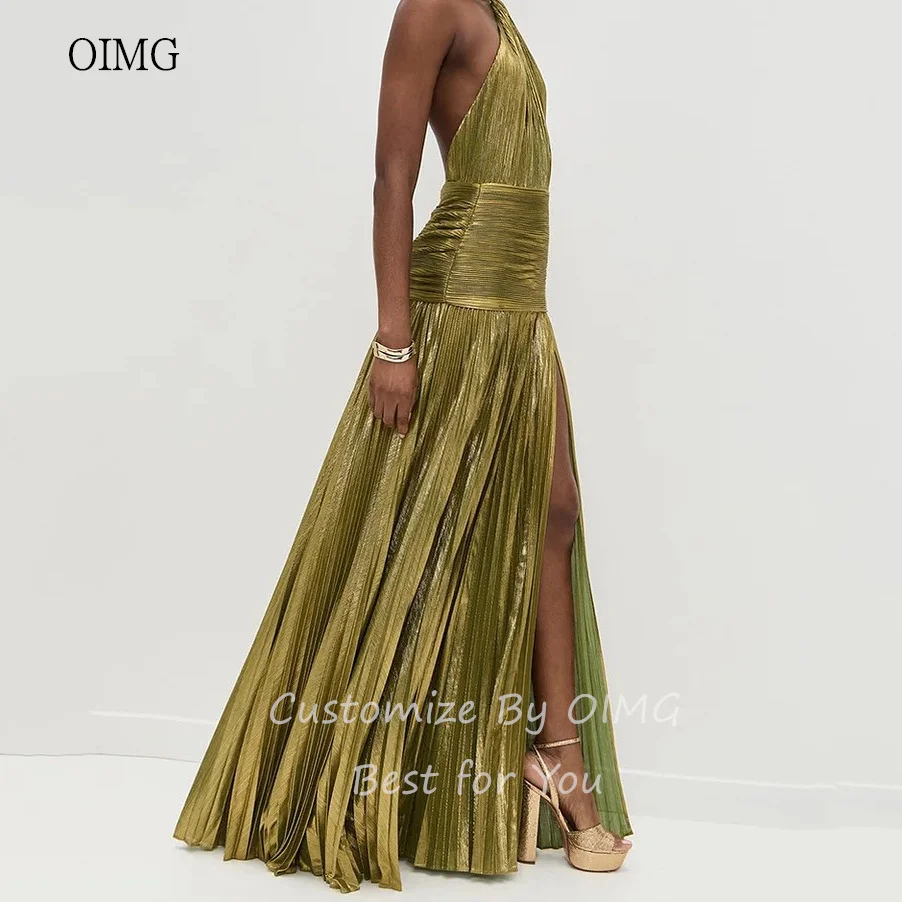 OIMG Блестящие оливково-зеленые платья для выпускного вечера с лямкой на шее и открытой спиной с разрезом по бокам, плиссированное вечернее платье длиной до пола, вечернее платье по индивидуальному заказу