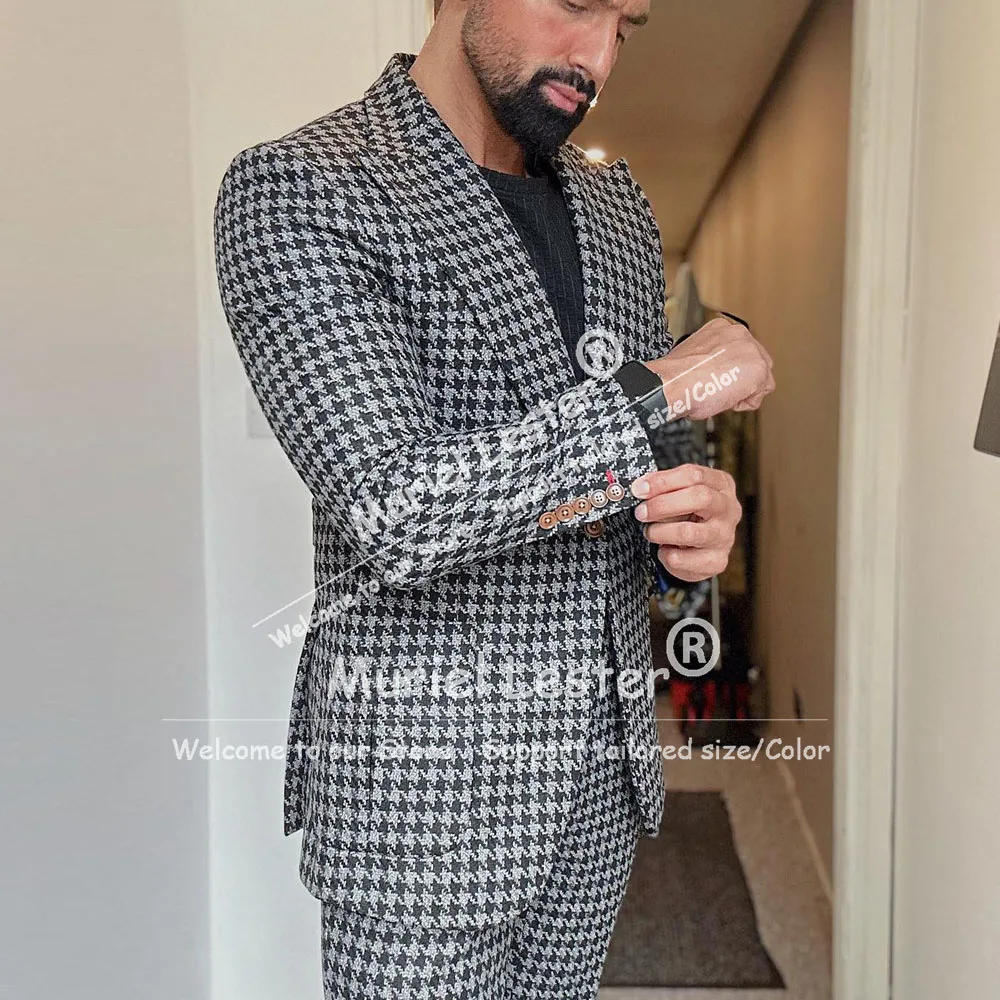 

Classic Houndstooth Suit Men 2 Piece Set Single Breasted Plaid Business Jacket Pants Customized Groom Wedding Tuxedos Outfits