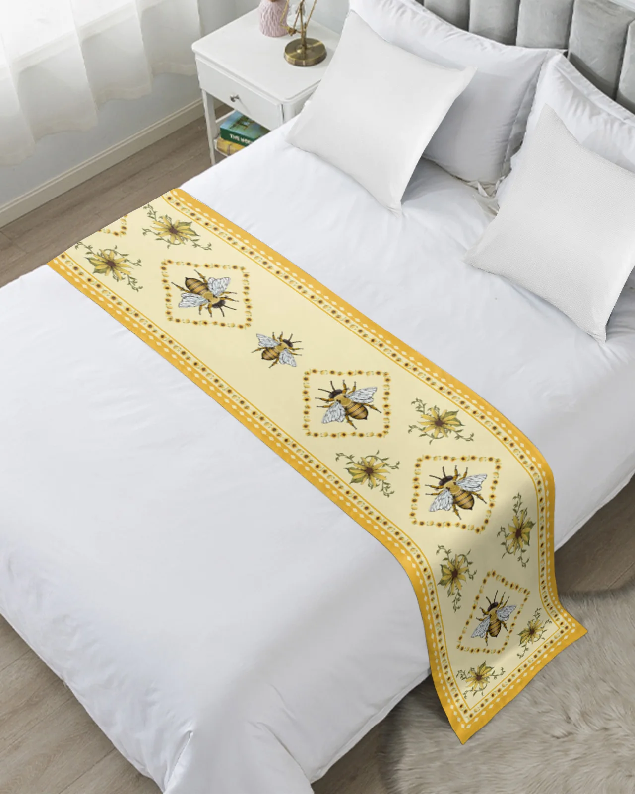 Sunflower Bee Yellow Idyllic Bedspreads Bed Runner Bed Flag Scarf for Home Hotel Decoration Bedding Single Queen King Bed Cover