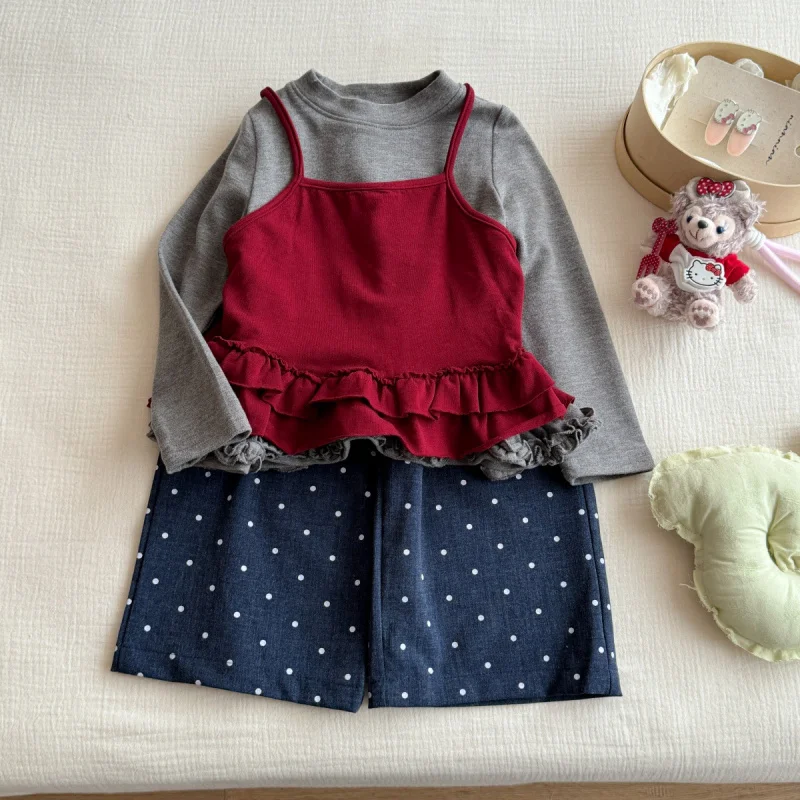 

Girls' Autumn New Korean Style Baby Strap Lace OutfittT-shirt and Polka Dot Long Pants Two-piece Set