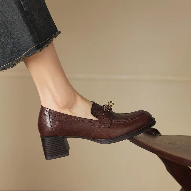 Dilalula 2026 Real Sheepskin Leather women's Loafers Med Thick Heels Metal Lock Dec Pumps Office Ladies Shoes Female Leather