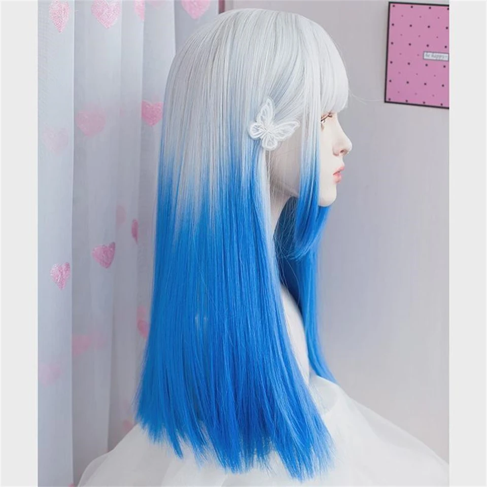 ブルーとホワイトのハイライトロングストレート合成ウィッグ前髪付きコスプレヘアウィッグ女性用デイリーナチュラル耐熱性