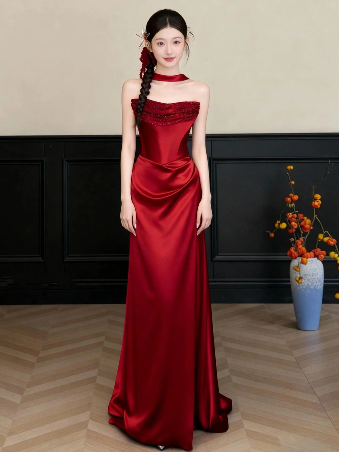 

Красное атласное свадебное платье 2026 года, новое, с высокой талией, фасон «русалка», для подружек невесты, для помолвки и банкета